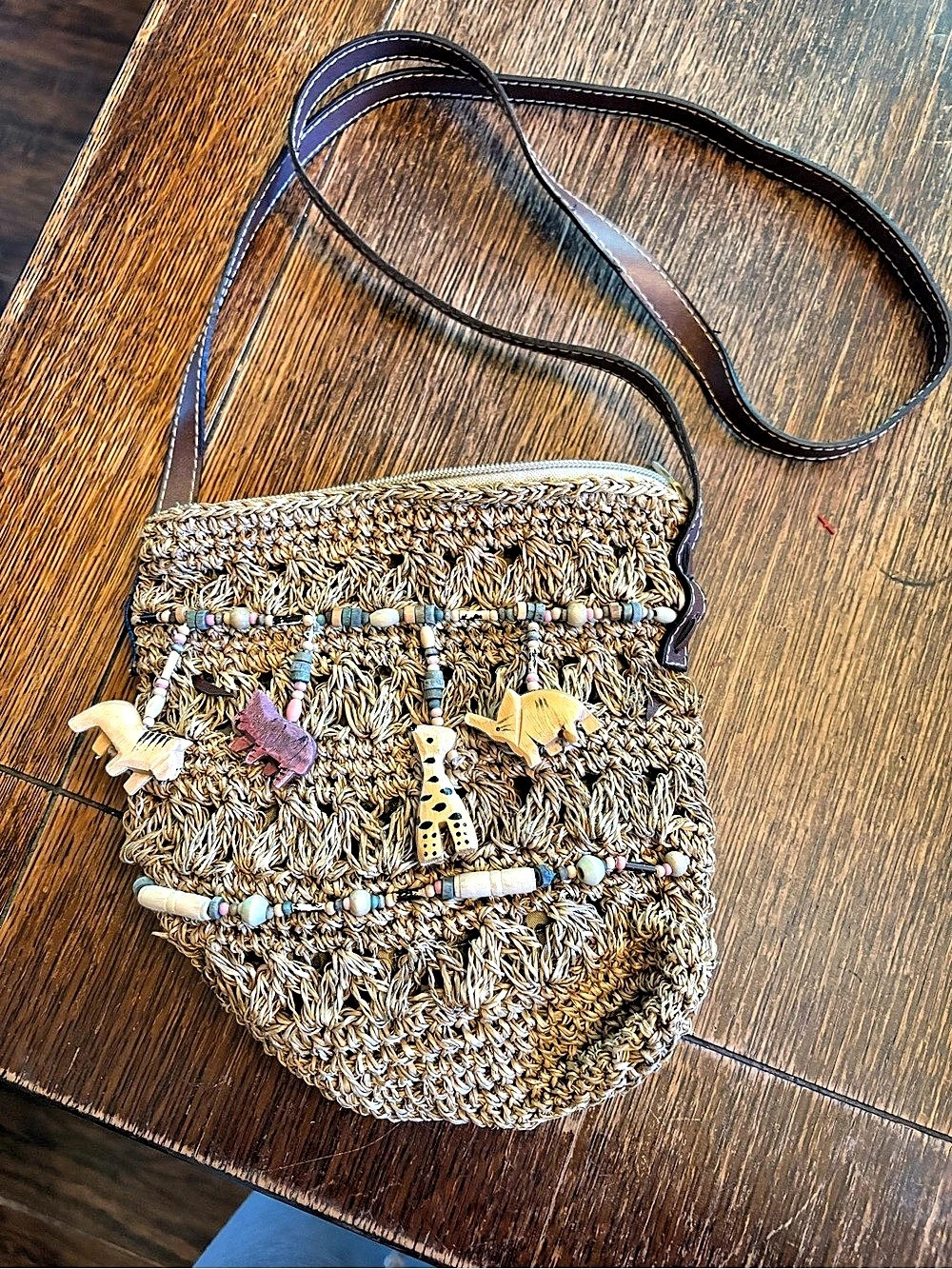 Kathy Cappelli Beaded Fringe Crossbody Bag in Brown & Gold